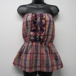 Y2K Hot Tempered Seersucker Purple Plaid Ruffle Strapless Babydoll Top Shirt M